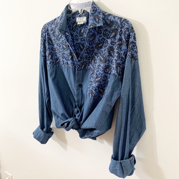 Zara Man Denim Couture Button Front Slim Fit Paisley Denim Shirt Pointed Collar - Picture 5 of 8